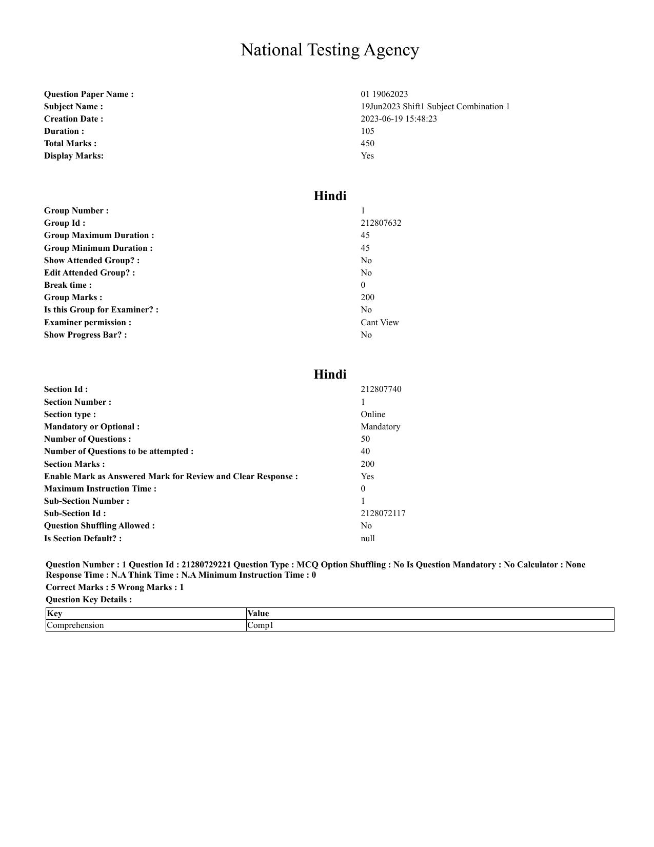 CUET 2023 Hindi Shift 1 Question Papers - Page 1