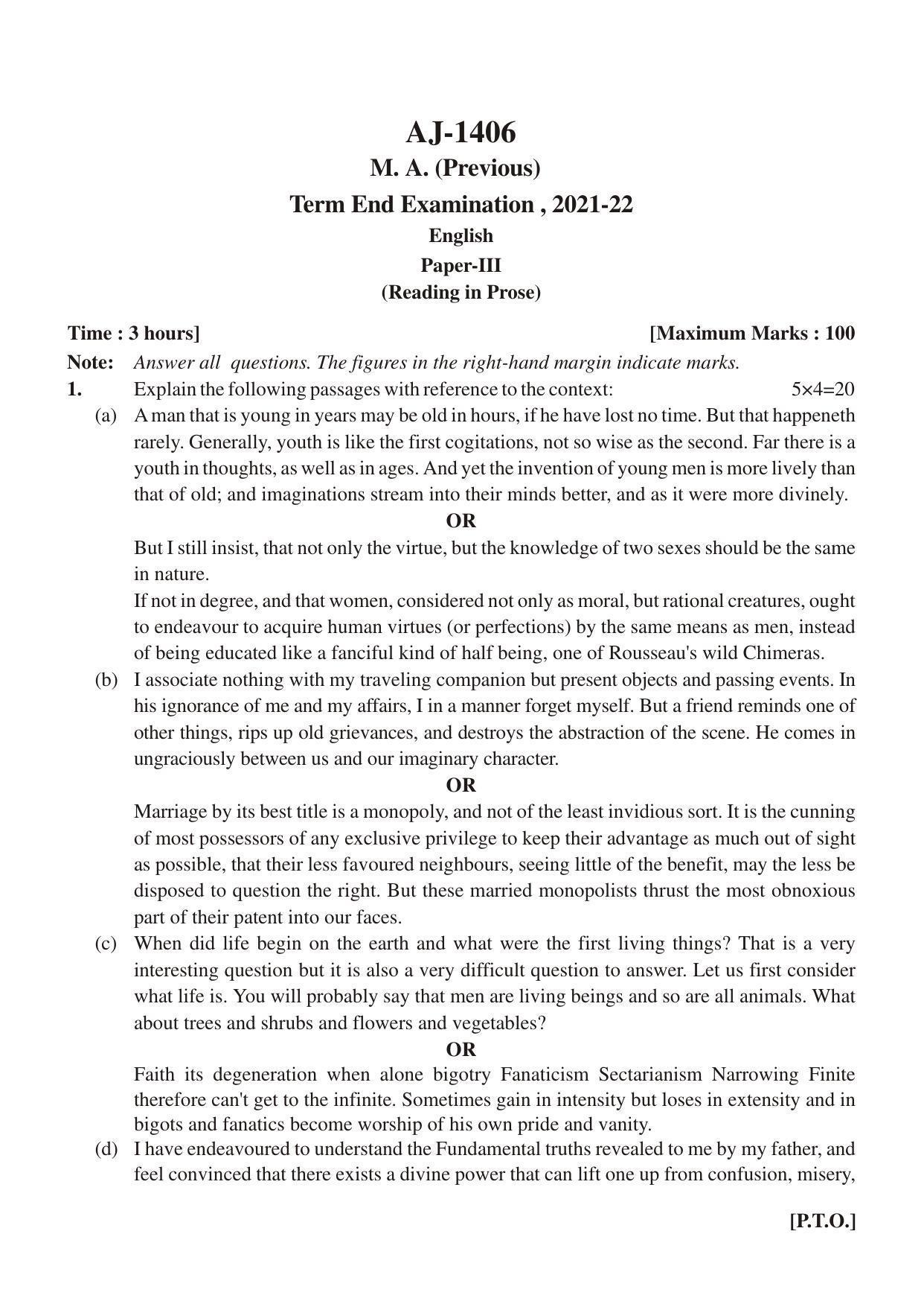 Bilaspur University Question Paper 2021-2022:M.A (Pravious) English Readings In Prose Paper 1 - Page 1