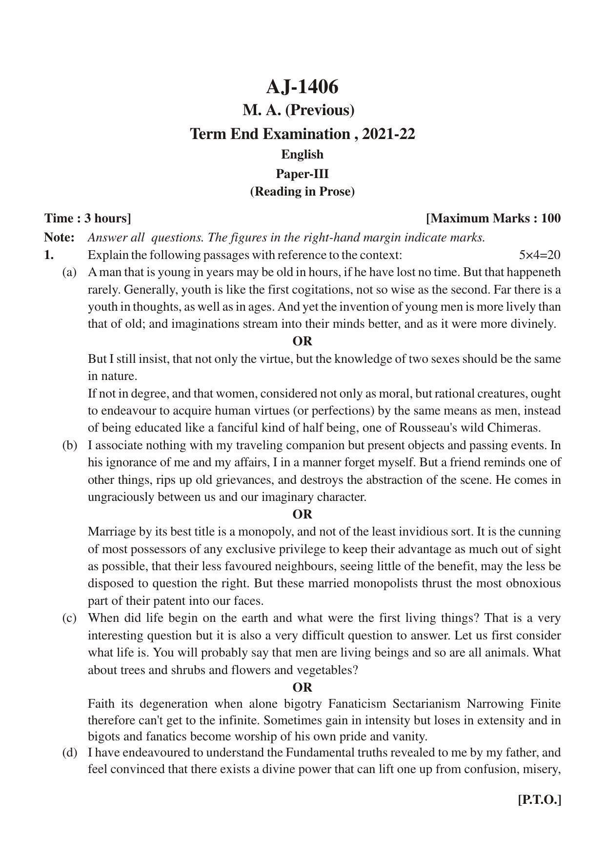 Bilaspur University Question Paper 2021-2022:M.A (Pravious) English Readings In Prose Paper 1 - Page 1