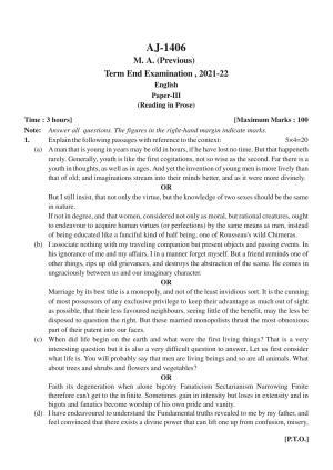 Bilaspur University Question Paper 2021-2022:M.A (Pravious) English Readings In Prose Paper 1