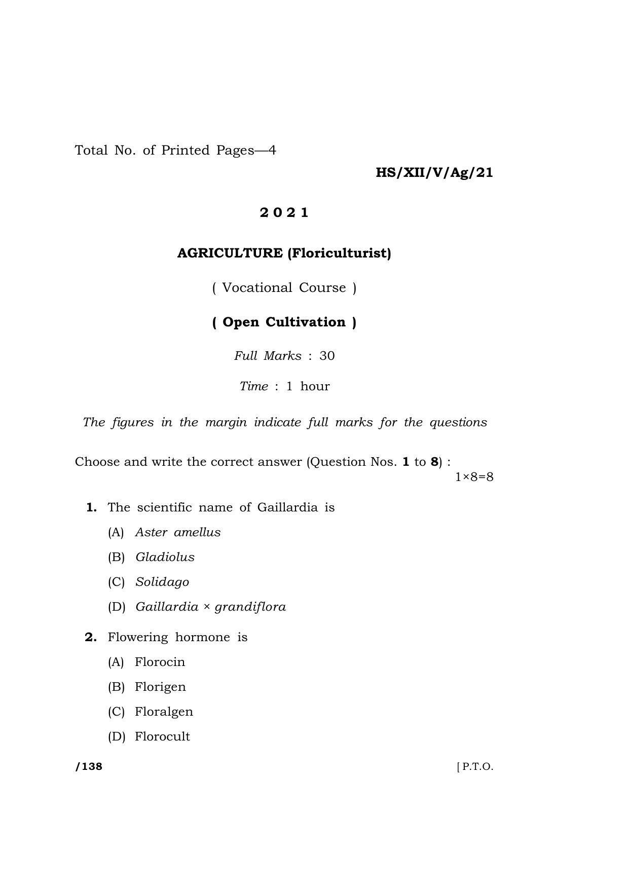 Meghalaya Board (MBOSE) Class 12 AGRICULTURE (HS-XII-V-Ag-21) 2021 Question Paper - Page 1