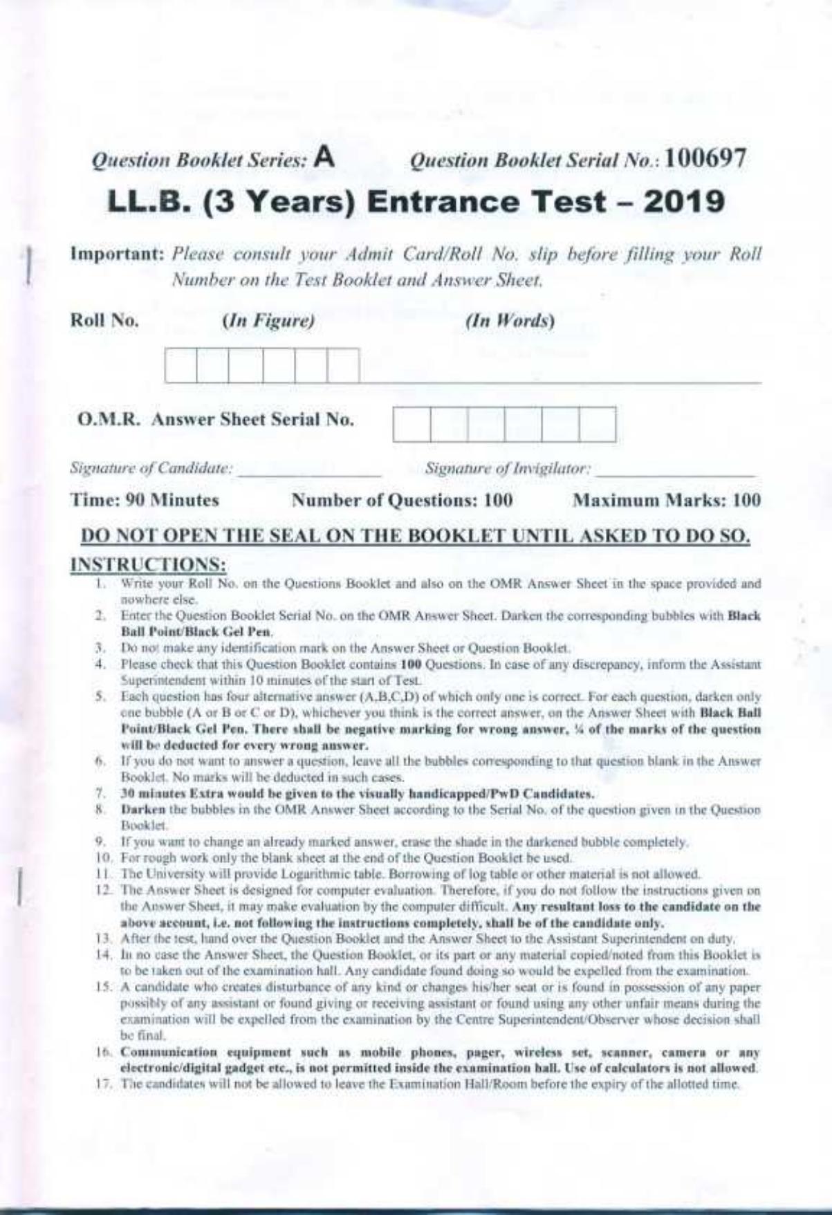 PU LLB 2019 Question Paper - Page 1