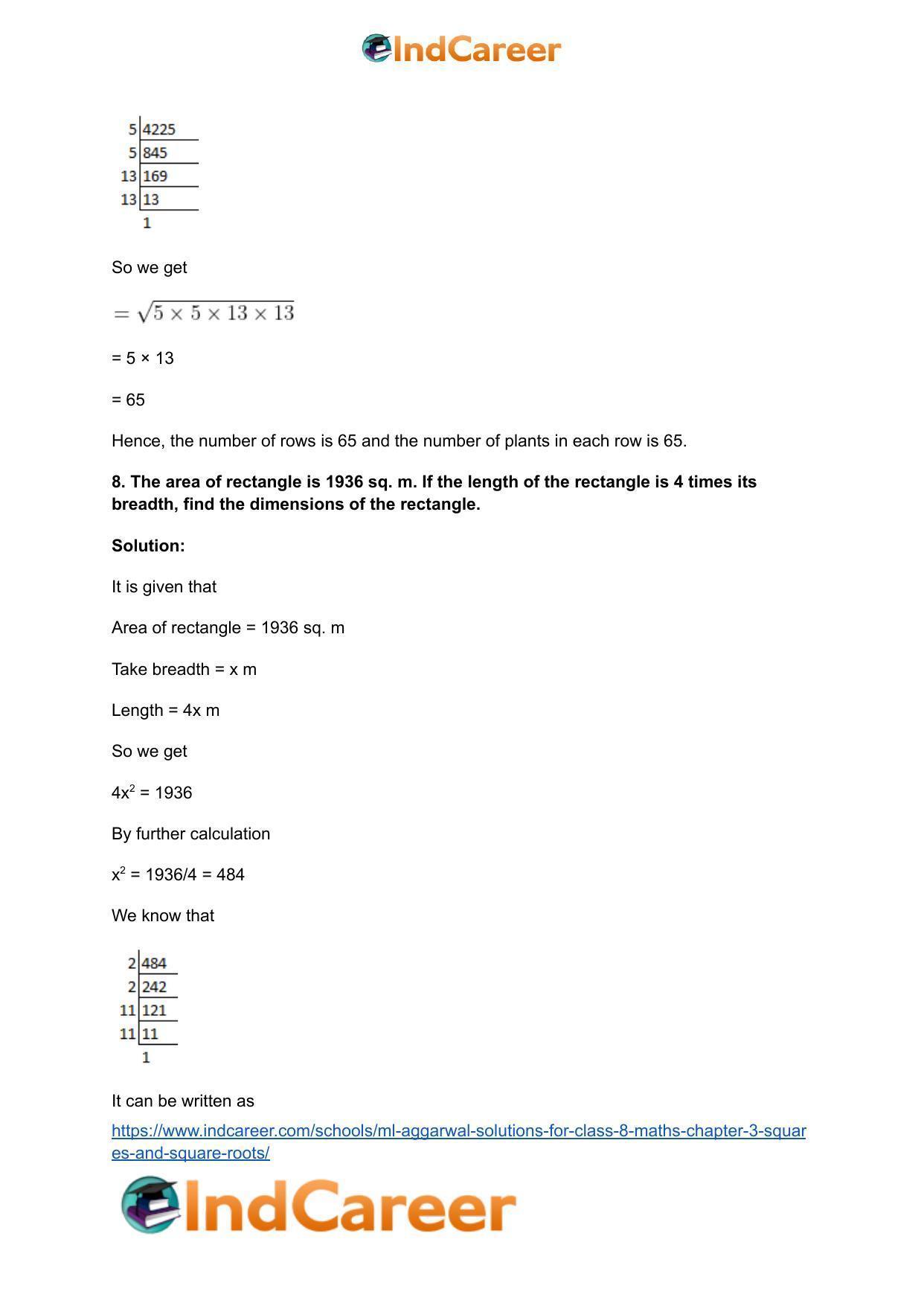 ML Aggarwal Solutions for Class 8 Maths Chapter 3- Squares and Square Roots - Page 36