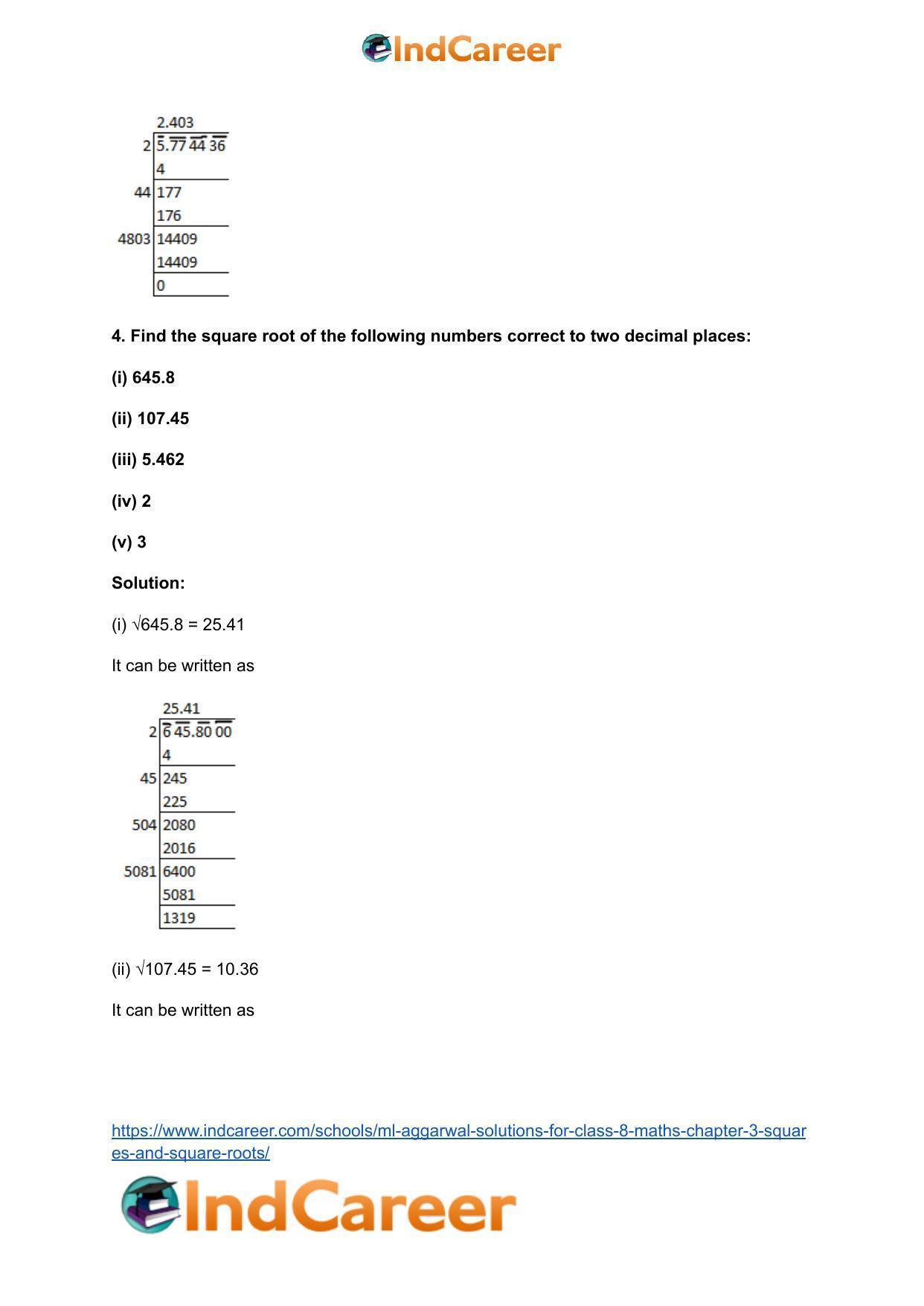 ML Aggarwal Solutions for Class 8 Maths Chapter 3- Squares and Square Roots - Page 46