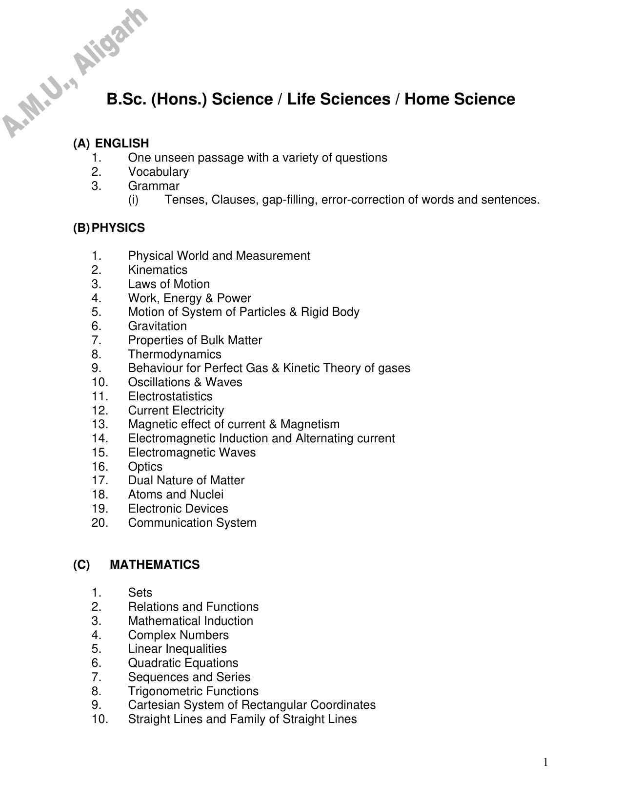 AMU Entrance Exam: AMU Entrance Exam: B.Sc. (Hons) - Page 1
