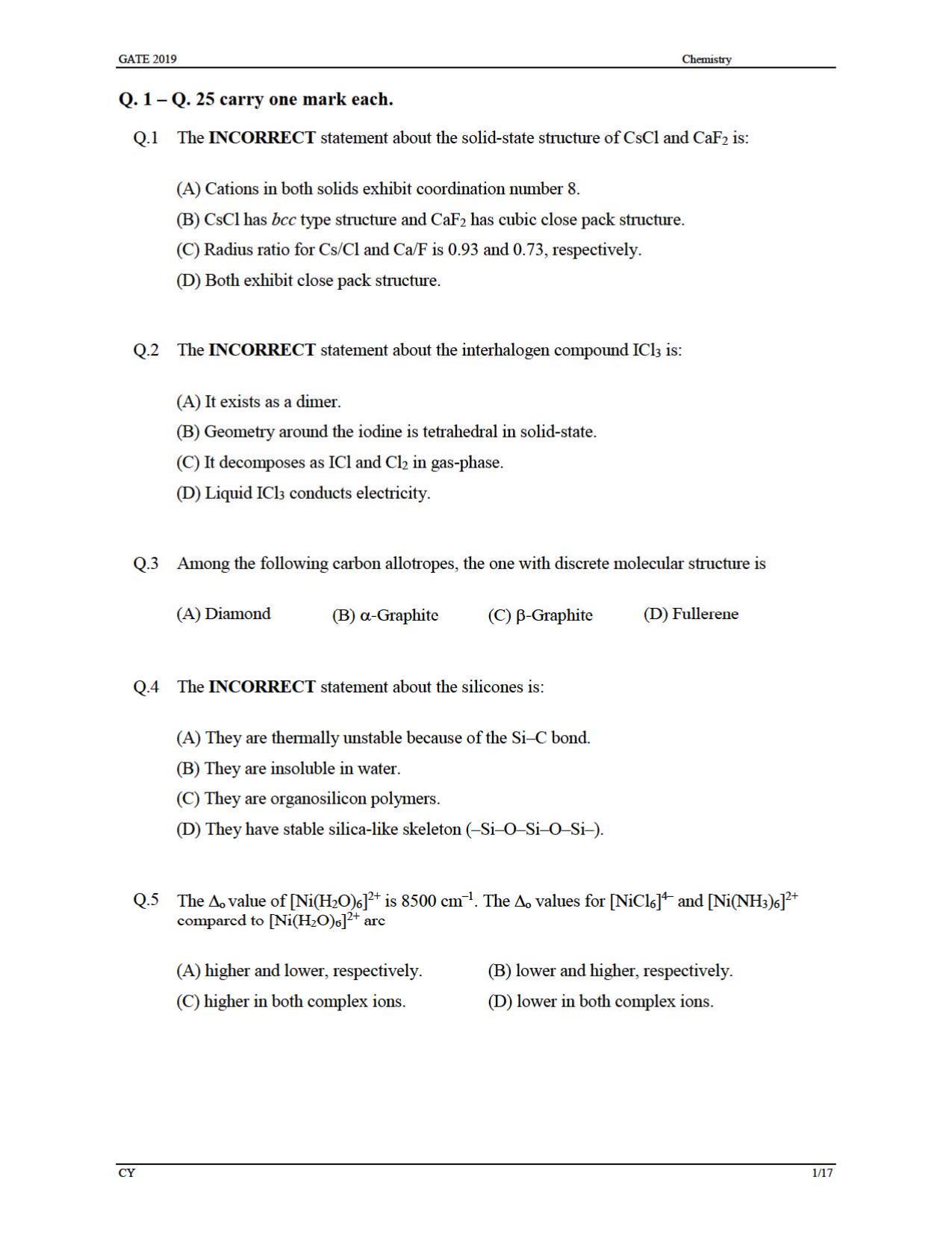GATE 2019 Chemistry (CY) Question Paper - Page 4