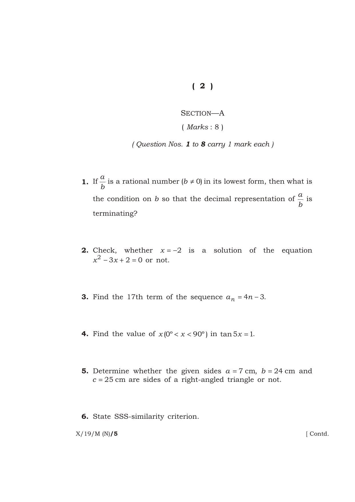 Meghalaya Board (MBOSE) Class 10 MATHEMATICS ( New Course ) 2019 Question Paper - Page 2