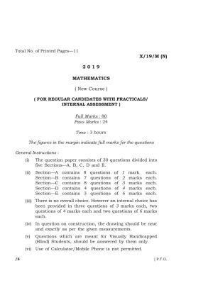 Meghalaya Board (MBOSE) Class 10 MATHEMATICS ( New Course ) 2019 Question Paper