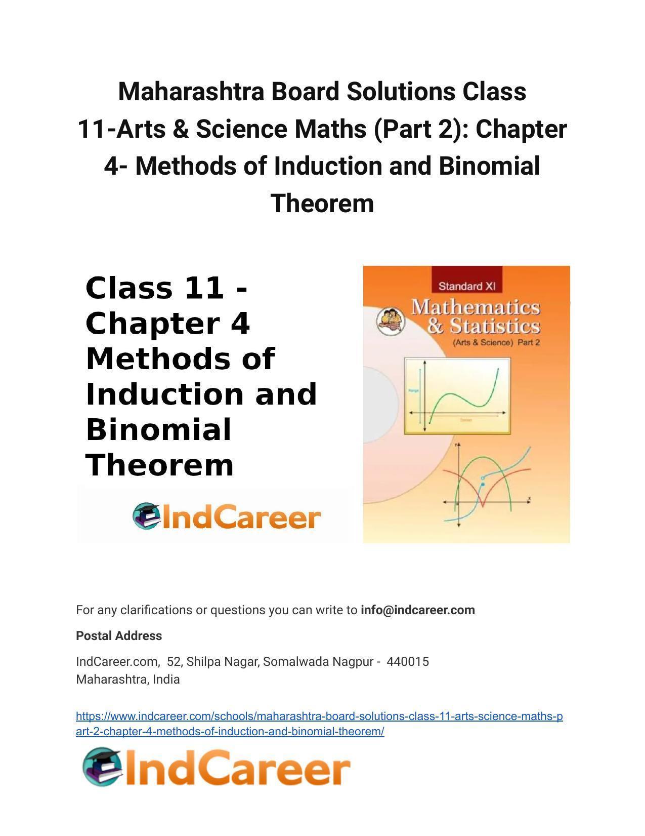 Maharashtra Board Solutions Class 11-Arts & Science Maths (Part 2): Chapter 4- Methods of Induction and Binomial Theorem - Page 1