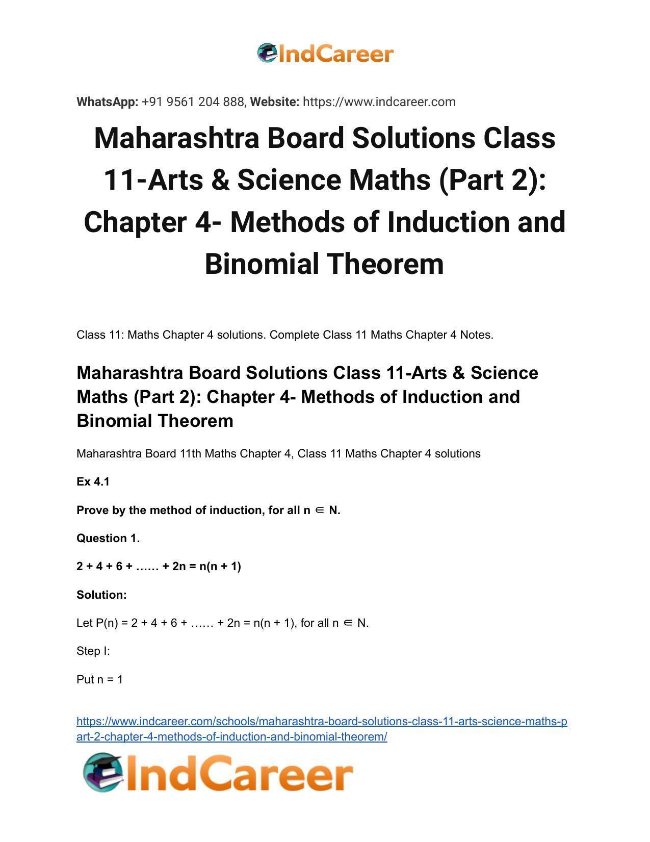 Maharashtra Board Solutions Class 11-Arts & Science Maths (Part 2): Chapter 4- Methods of Induction and Binomial Theorem - Page 2