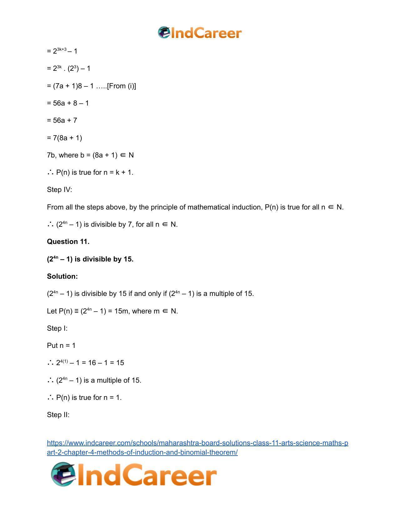Maharashtra Board Solutions Class 11-Arts & Science Maths (Part 2): Chapter 4- Methods of Induction and Binomial Theorem - Page 22