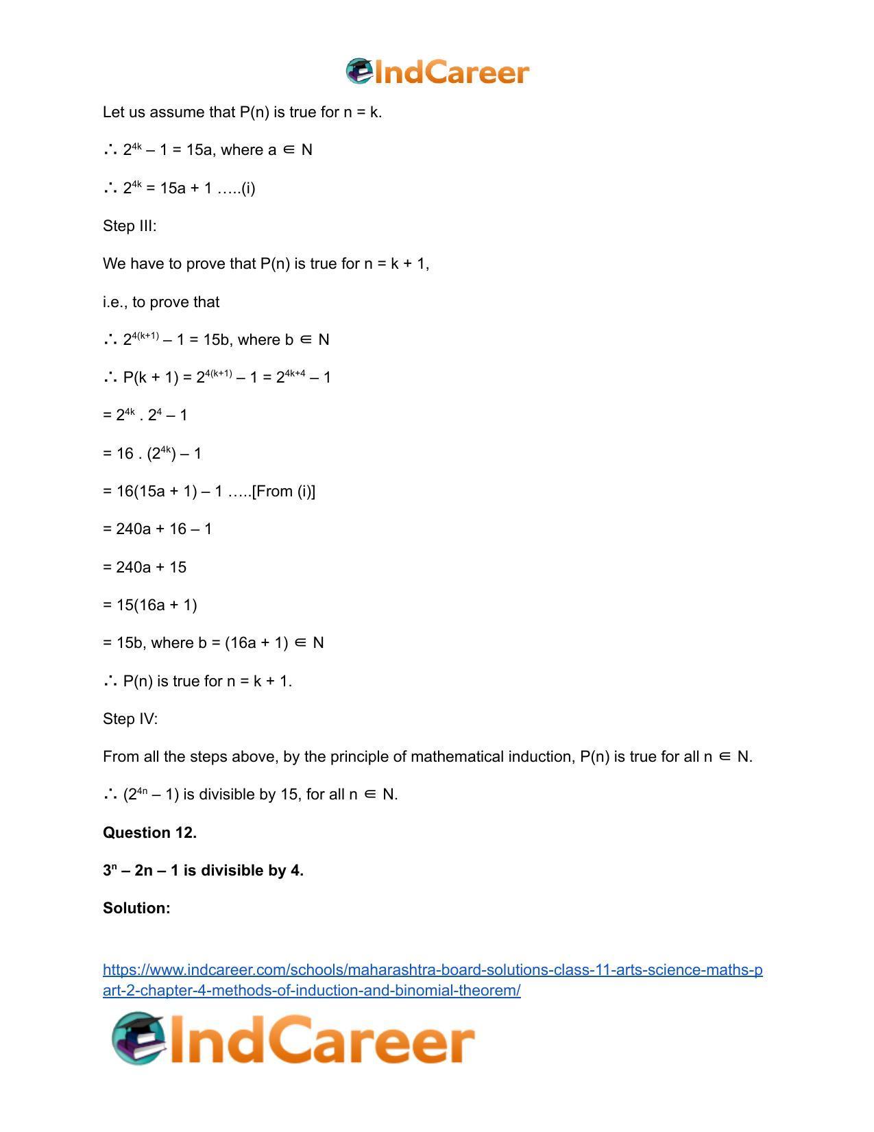Maharashtra Board Solutions Class 11-Arts & Science Maths (Part 2): Chapter 4- Methods of Induction and Binomial Theorem - Page 23