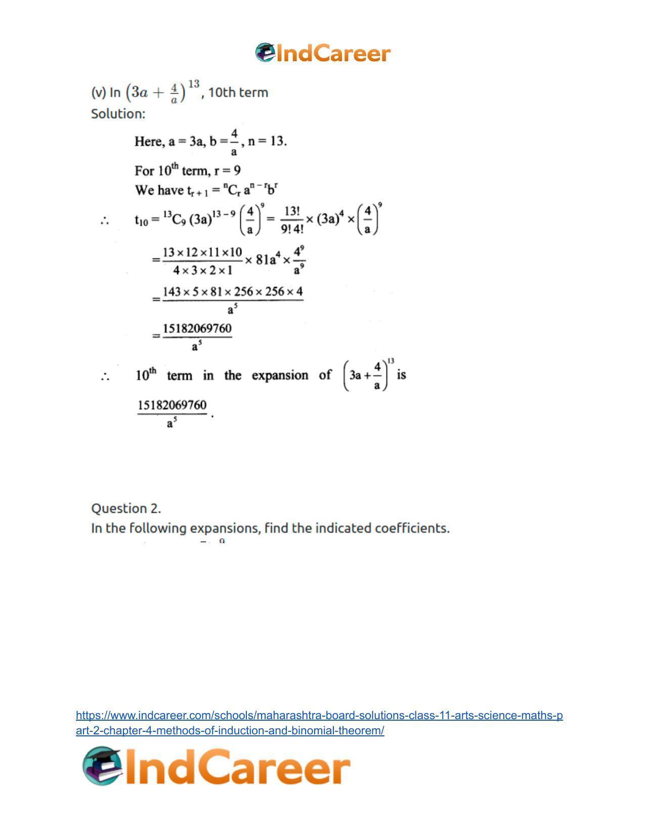 Maharashtra Board Solutions Class 11-Arts & Science Maths (Part 2): Chapter 4- Methods of Induction and Binomial Theorem - Page 52
