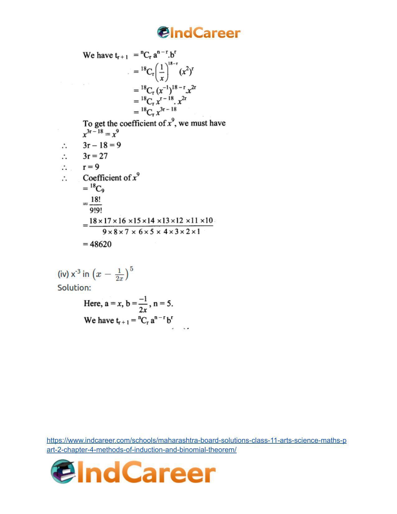 Maharashtra Board Solutions Class 11-Arts & Science Maths (Part 2): Chapter 4- Methods of Induction and Binomial Theorem - Page 55