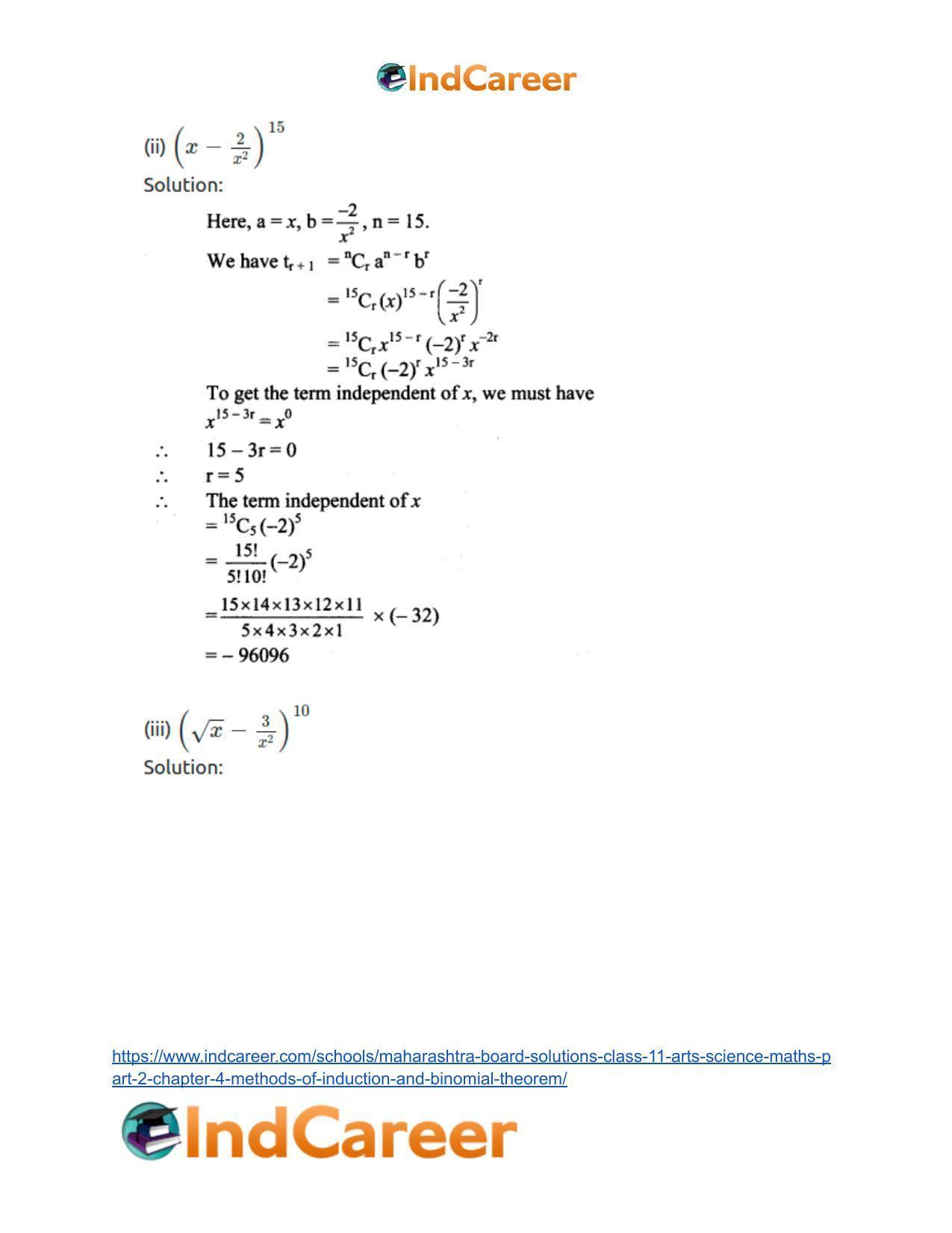Maharashtra Board Solutions Class 11-Arts & Science Maths (Part 2): Chapter 4- Methods of Induction and Binomial Theorem - Page 59