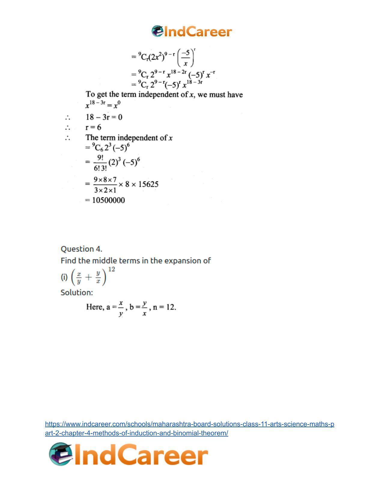 Maharashtra Board Solutions Class 11-Arts & Science Maths (Part 2): Chapter 4- Methods of Induction and Binomial Theorem - Page 62