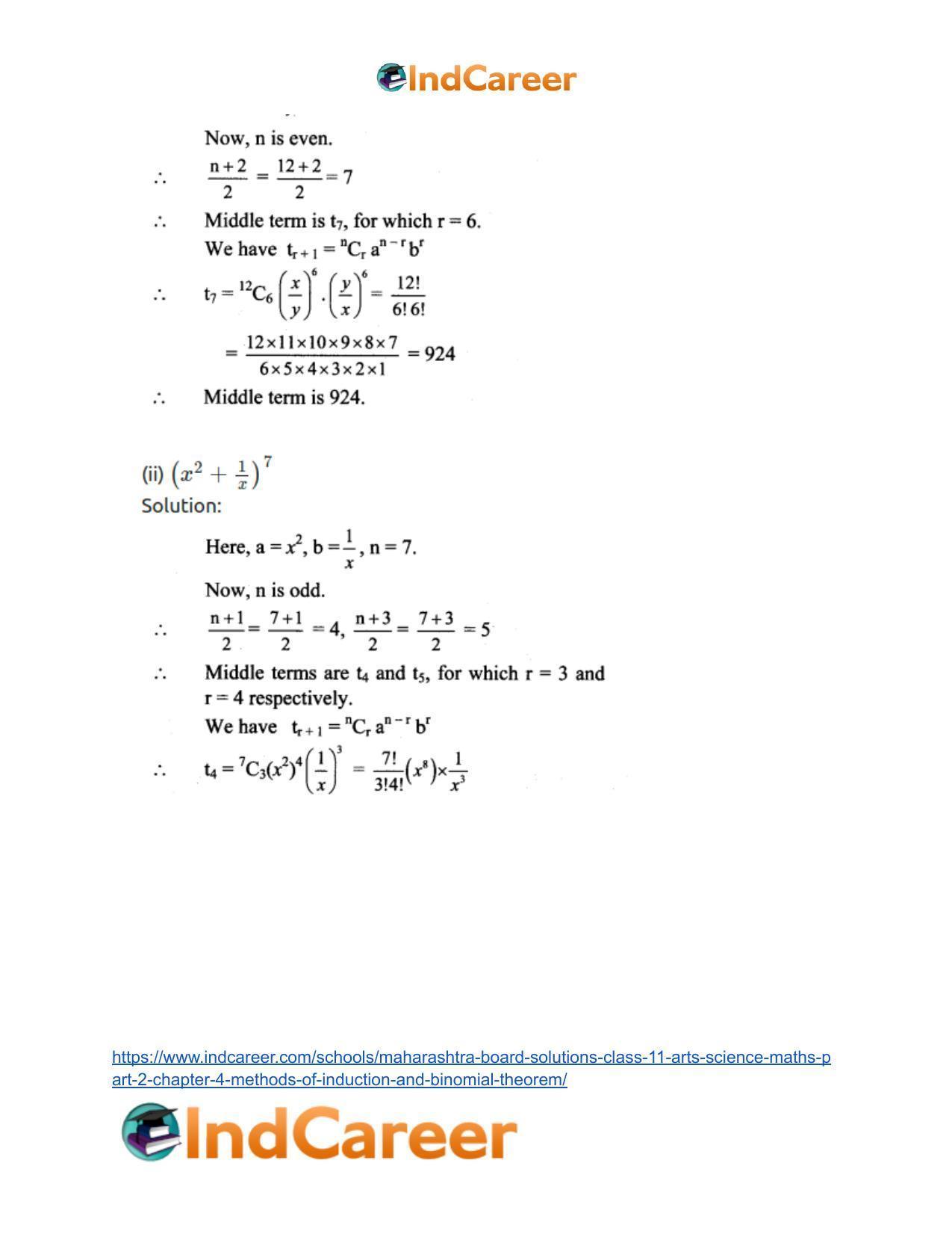 Maharashtra Board Solutions Class 11-Arts & Science Maths (Part 2): Chapter 4- Methods of Induction and Binomial Theorem - Page 63