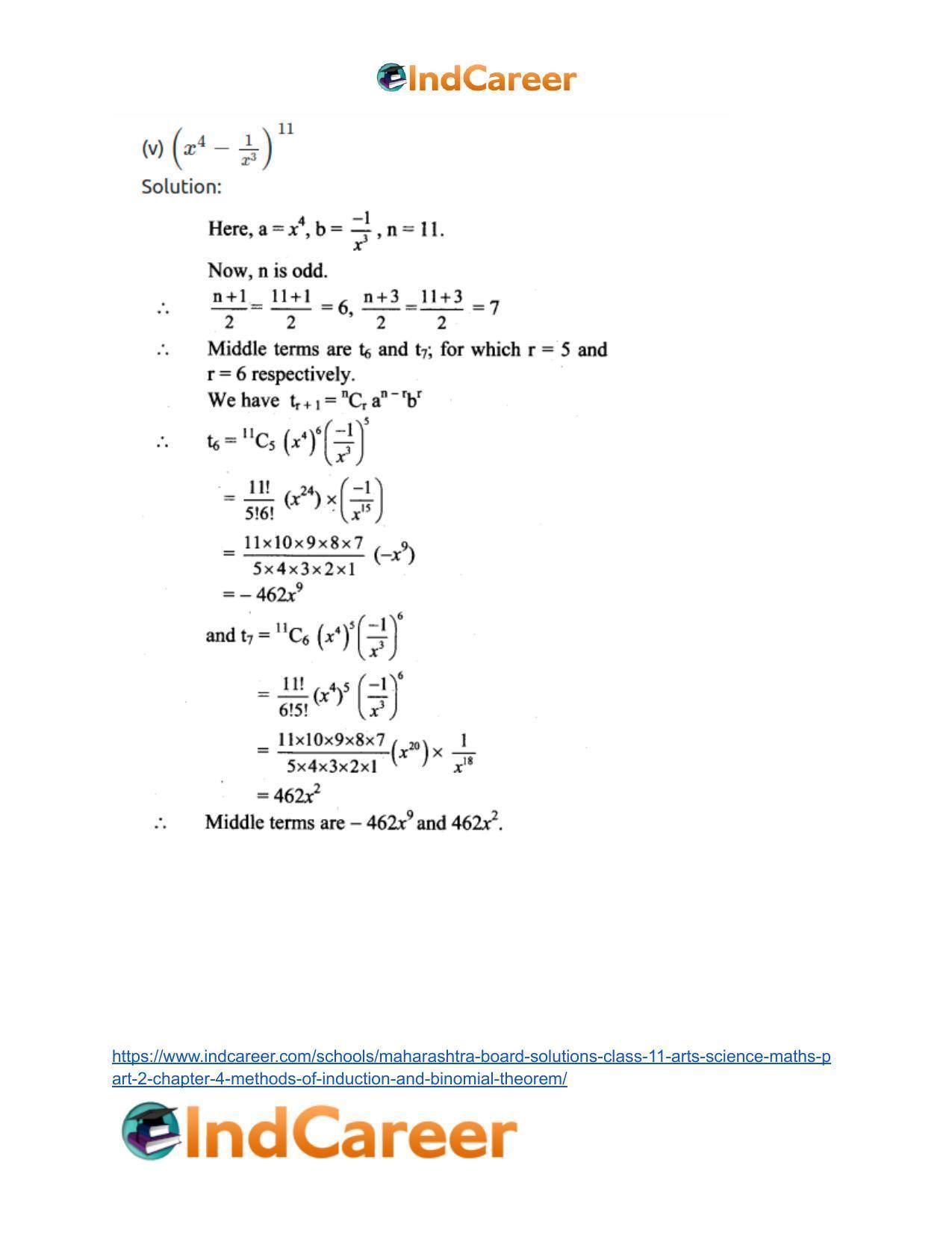 Maharashtra Board Solutions Class 11-Arts & Science Maths (Part 2): Chapter 4- Methods of Induction and Binomial Theorem - Page 66