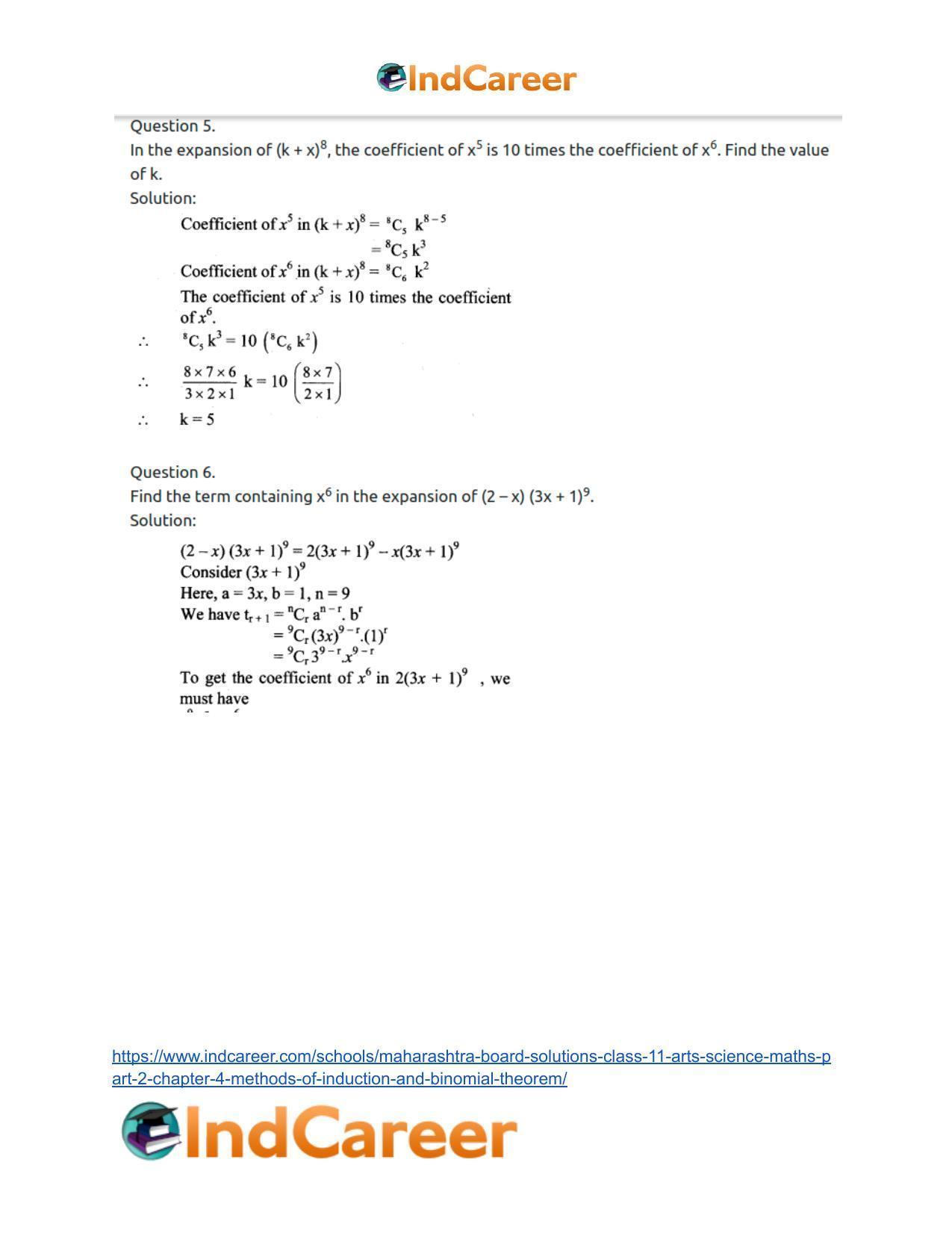 Maharashtra Board Solutions Class 11-Arts & Science Maths (Part 2): Chapter 4- Methods of Induction and Binomial Theorem - Page 67
