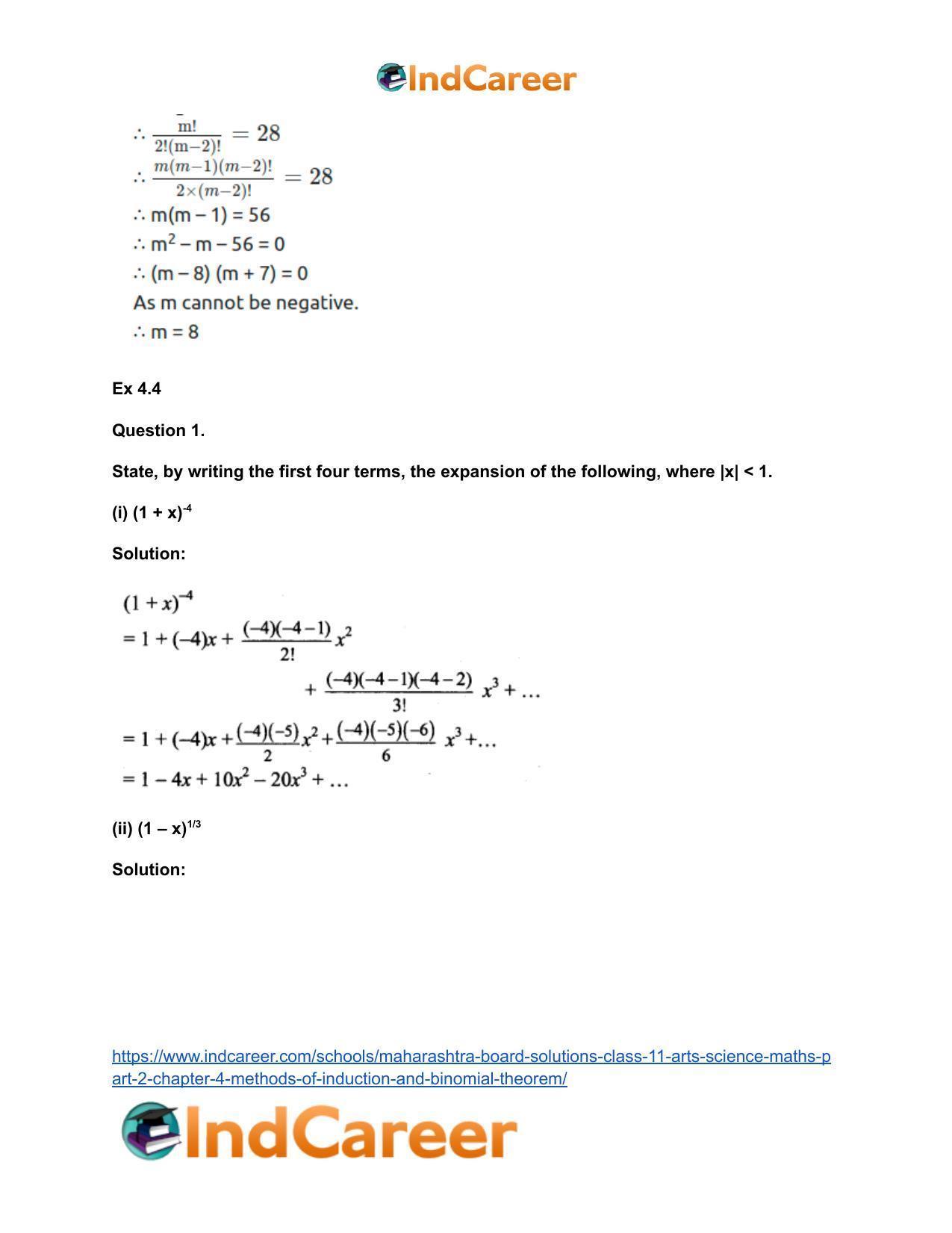 Maharashtra Board Solutions Class 11-Arts & Science Maths (Part 2): Chapter 4- Methods of Induction and Binomial Theorem - Page 69
