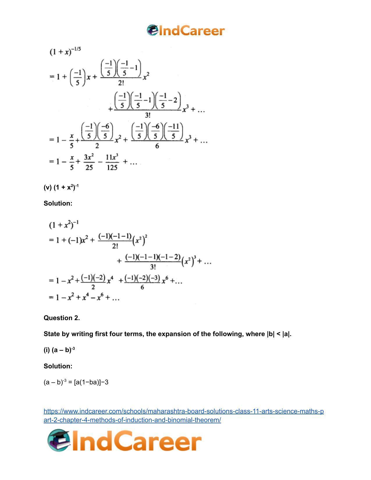 Maharashtra Board Solutions Class 11-Arts & Science Maths (Part 2): Chapter 4- Methods of Induction and Binomial Theorem - Page 71