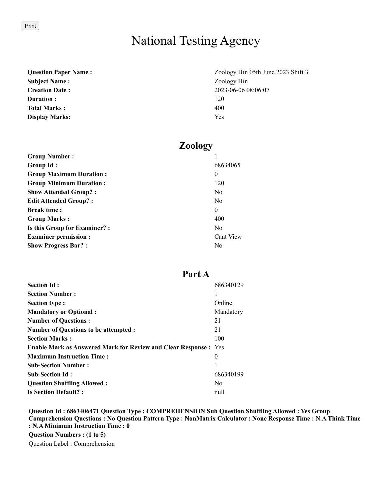 CUET PG 2023: SCQP28 – Zoology (Hindi) - Shift 3 (05-06-2023) Question Paper - Page 1
