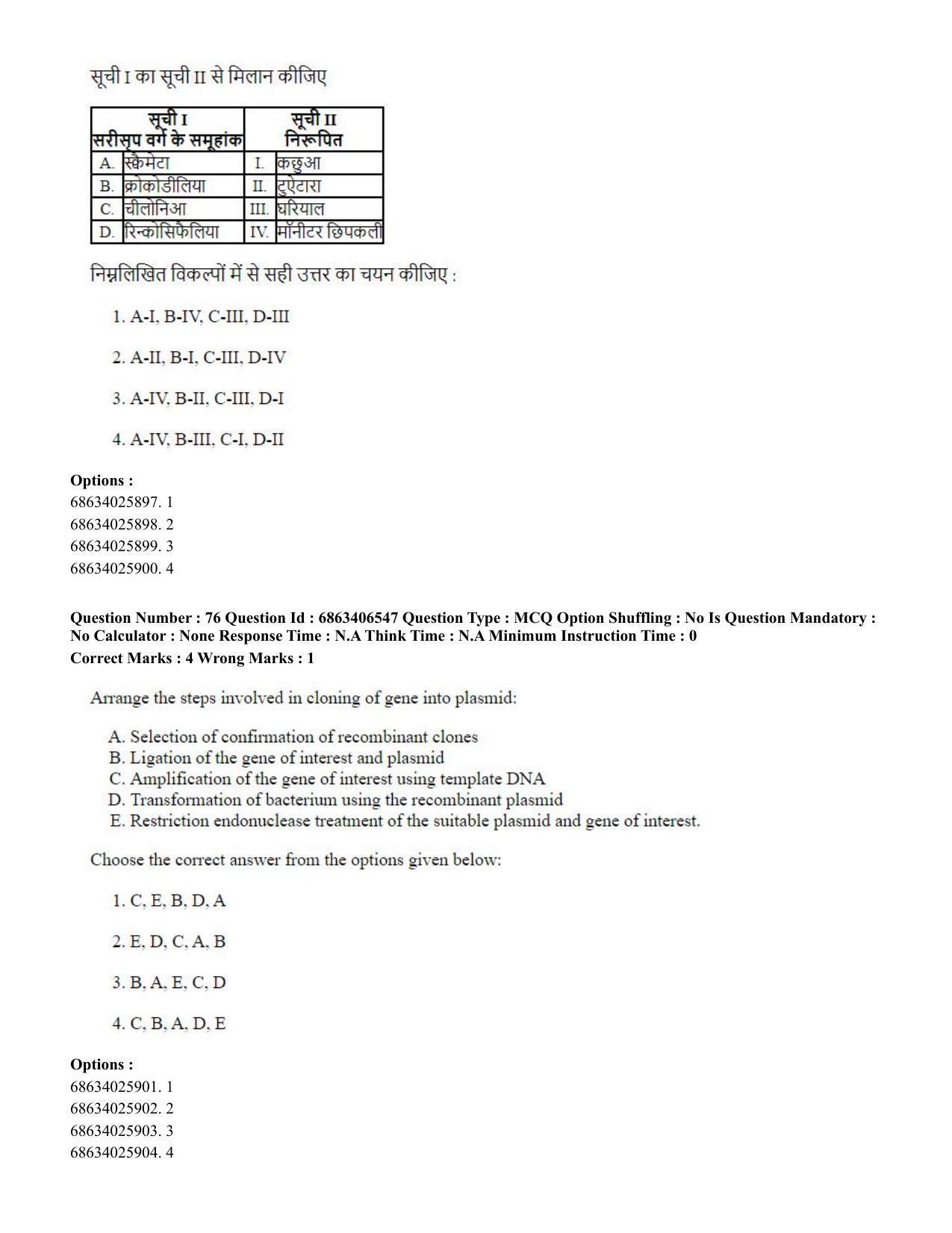 CUET PG 2023: SCQP28 – Zoology (Hindi) - Shift 3 (05-06-2023) Question Paper - Page 75