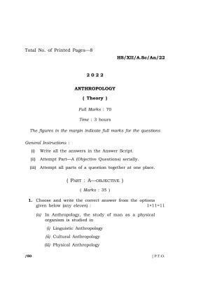 Meghalaya Board (MBOSE) Class 12 ANTHROPOLOGY (HS-XII-A-SC-An-22) 2022 Question Paper