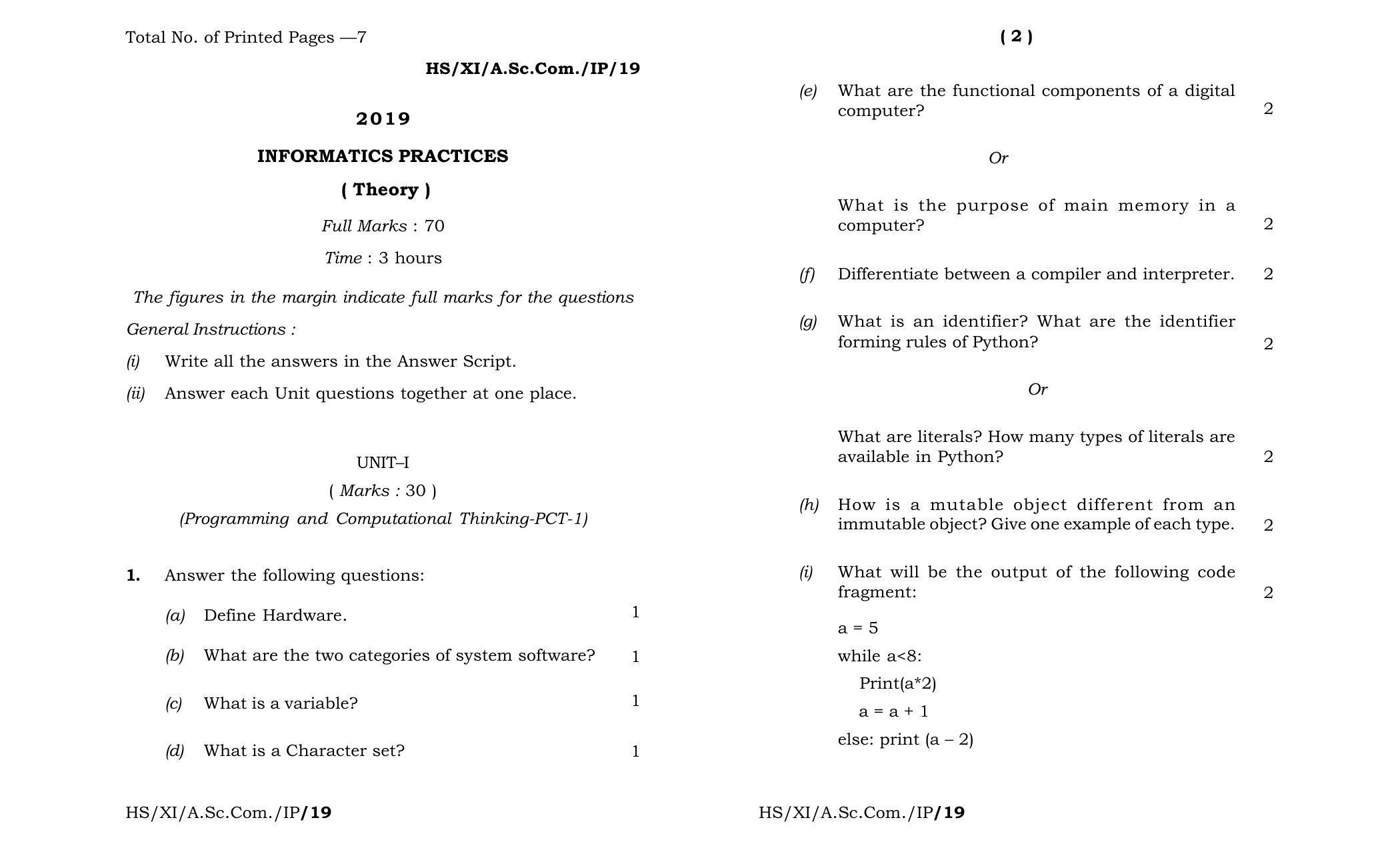 Meghalaya Board (MBOSE) Class 11 Informatics_Practics 2019 Question Paper - Page 1