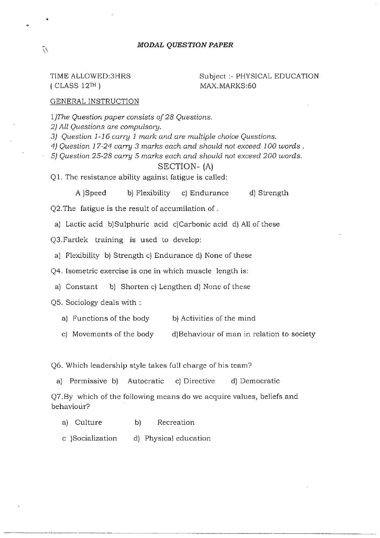 JKBOSE Class 12 Physical Education Model Question Paper 2023 - Page 1