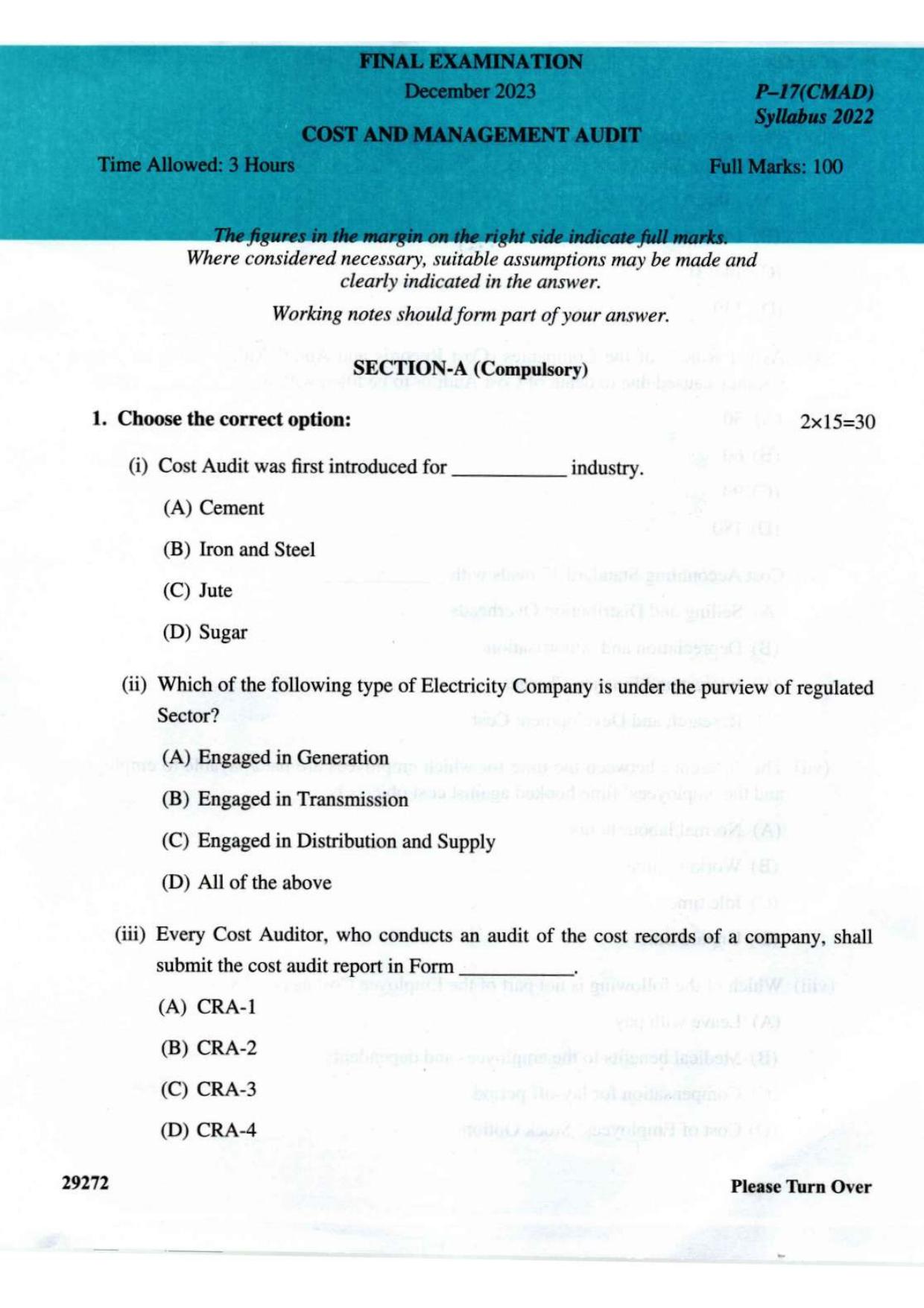 ICMAI Final December 2023 Question Paper - Cost And Management Audit - Page 1