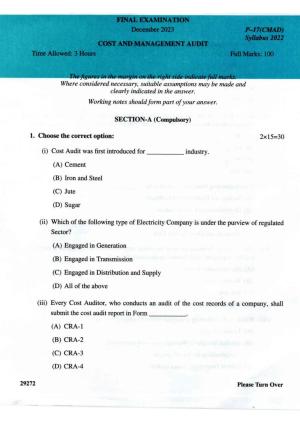 ICMAI Final December 2023 Question Paper - Cost And Management Audit