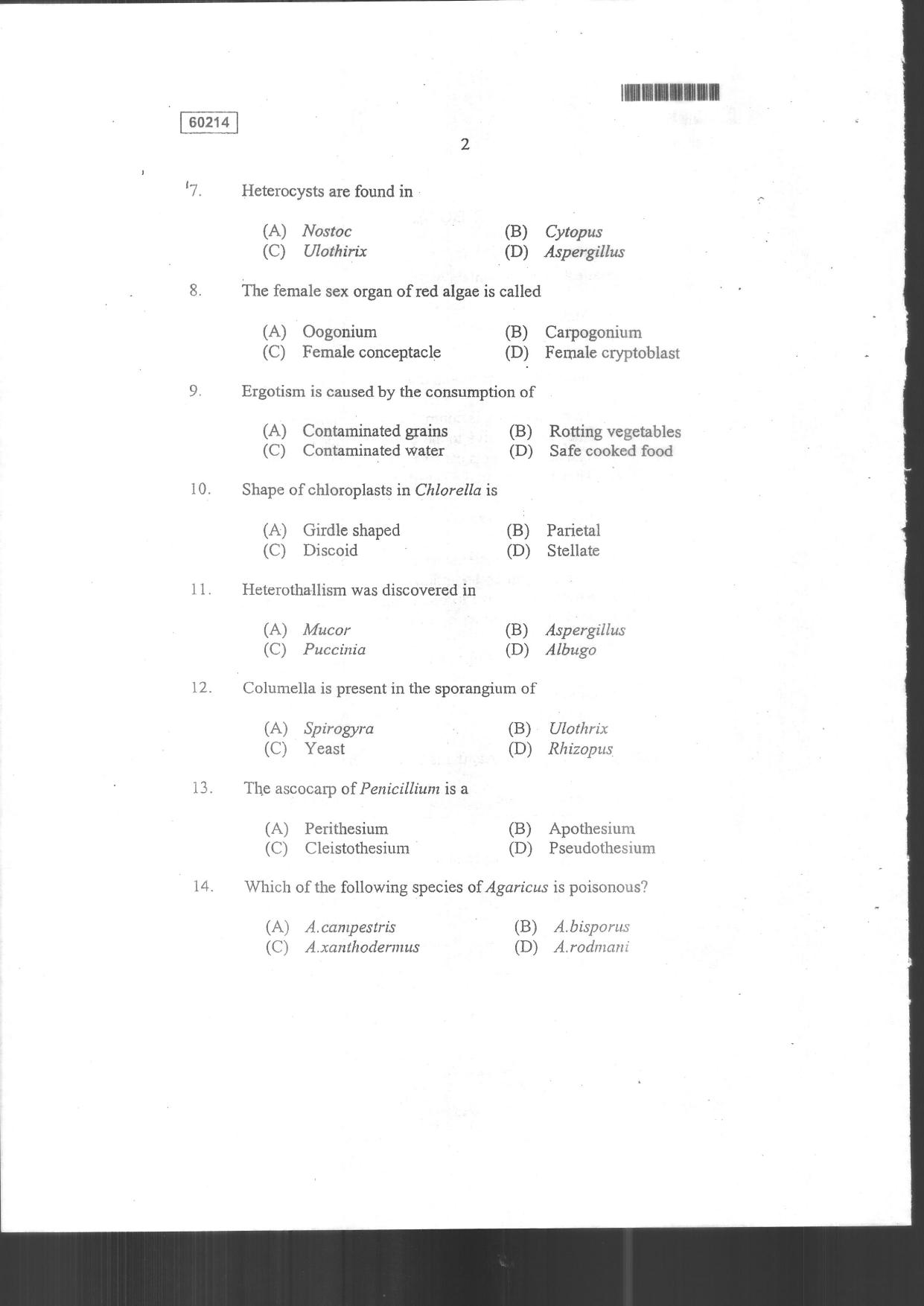 CUSAT CAT 2014 Botany Question Paper - Page 4
