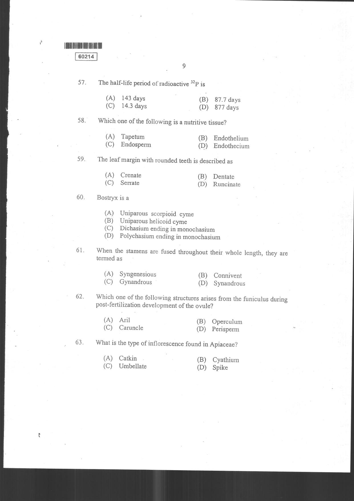 CUSAT CAT 2014 Botany Question Paper - Page 11