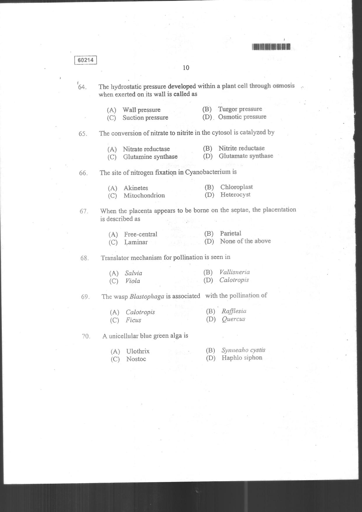 CUSAT CAT 2014 Botany Question Paper - Page 12