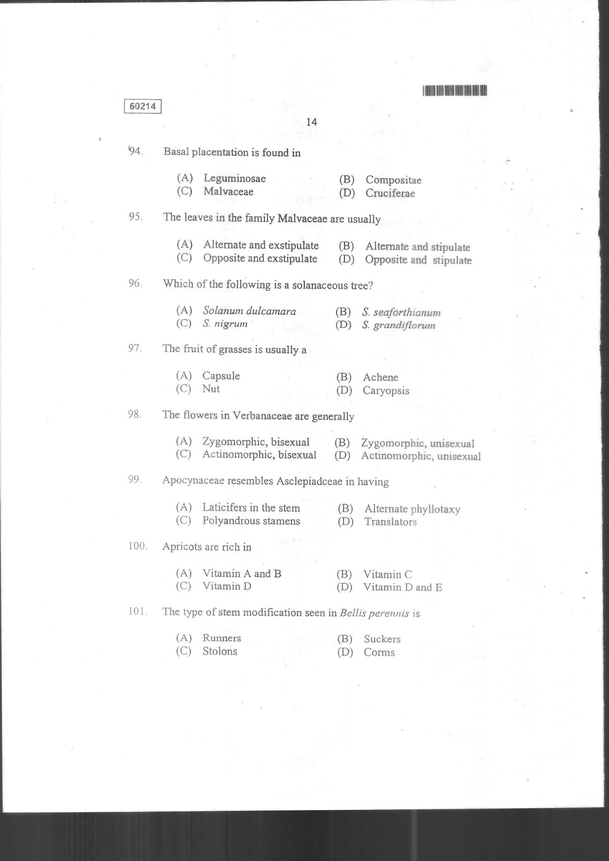 CUSAT CAT 2014 Botany Question Paper - Page 16