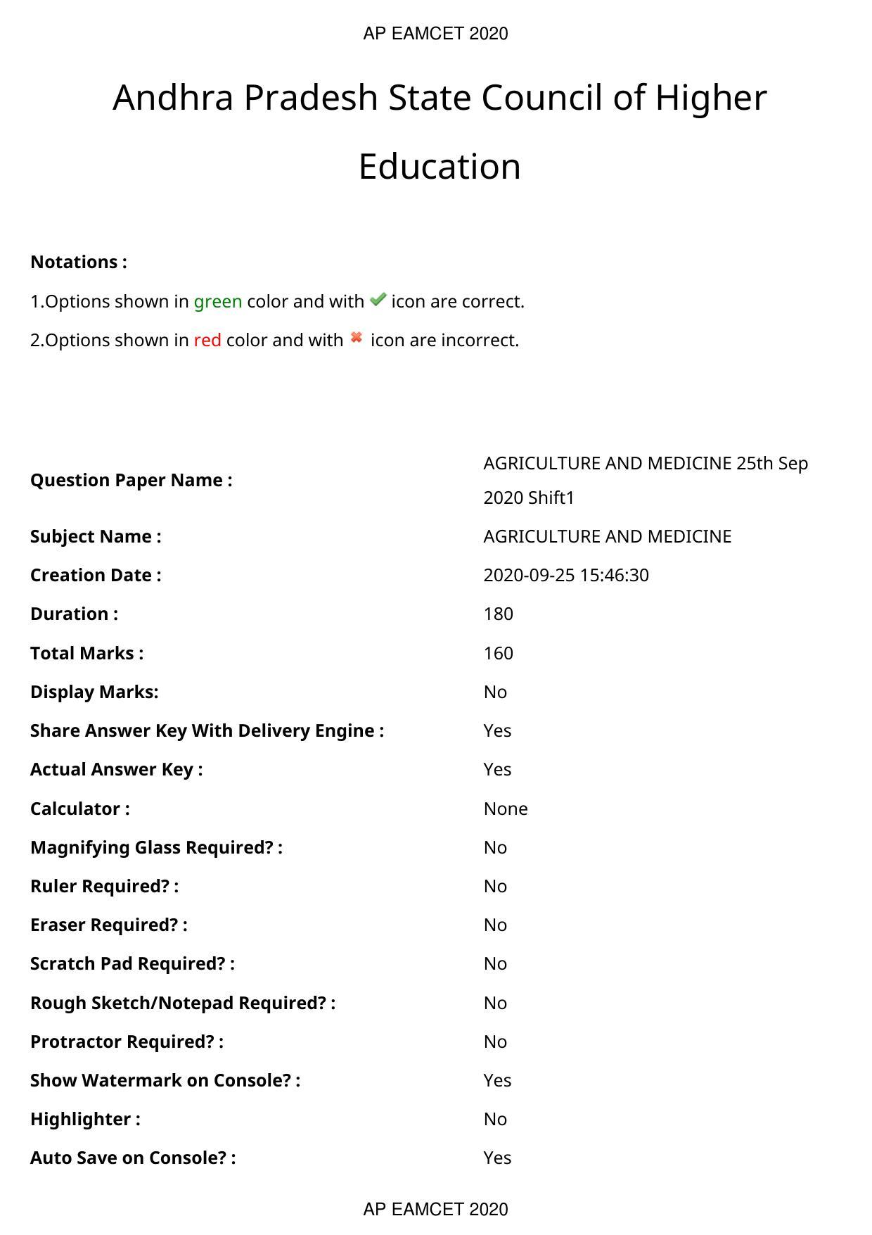 TS EAMCET 2020 Agriculture and Medical Question Paper with Key (25 Sep.2020 Forenoon) - Page 1