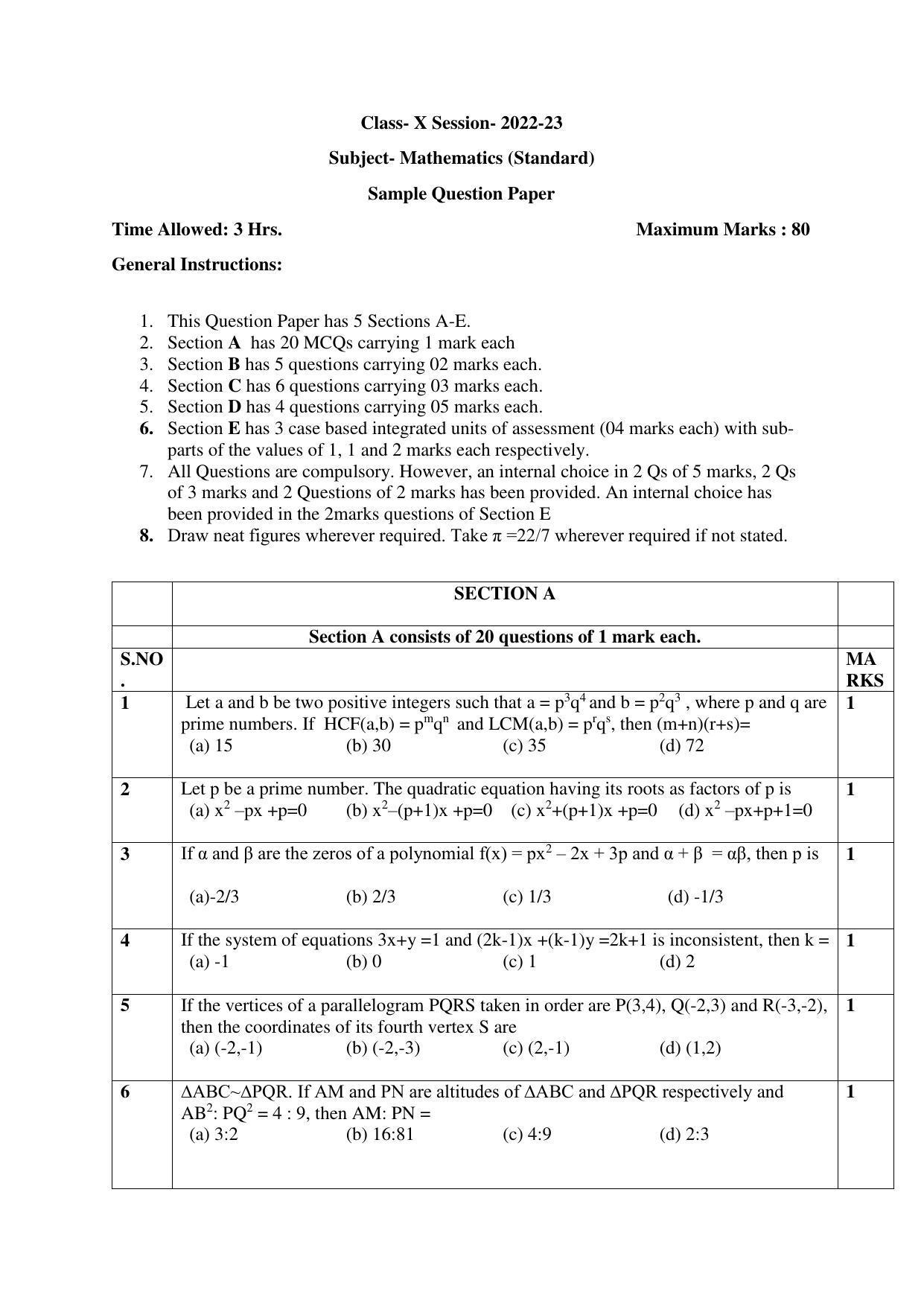 CBSE Class 10 Mathematics (Standard) Sample Papers 2023 - Page 1