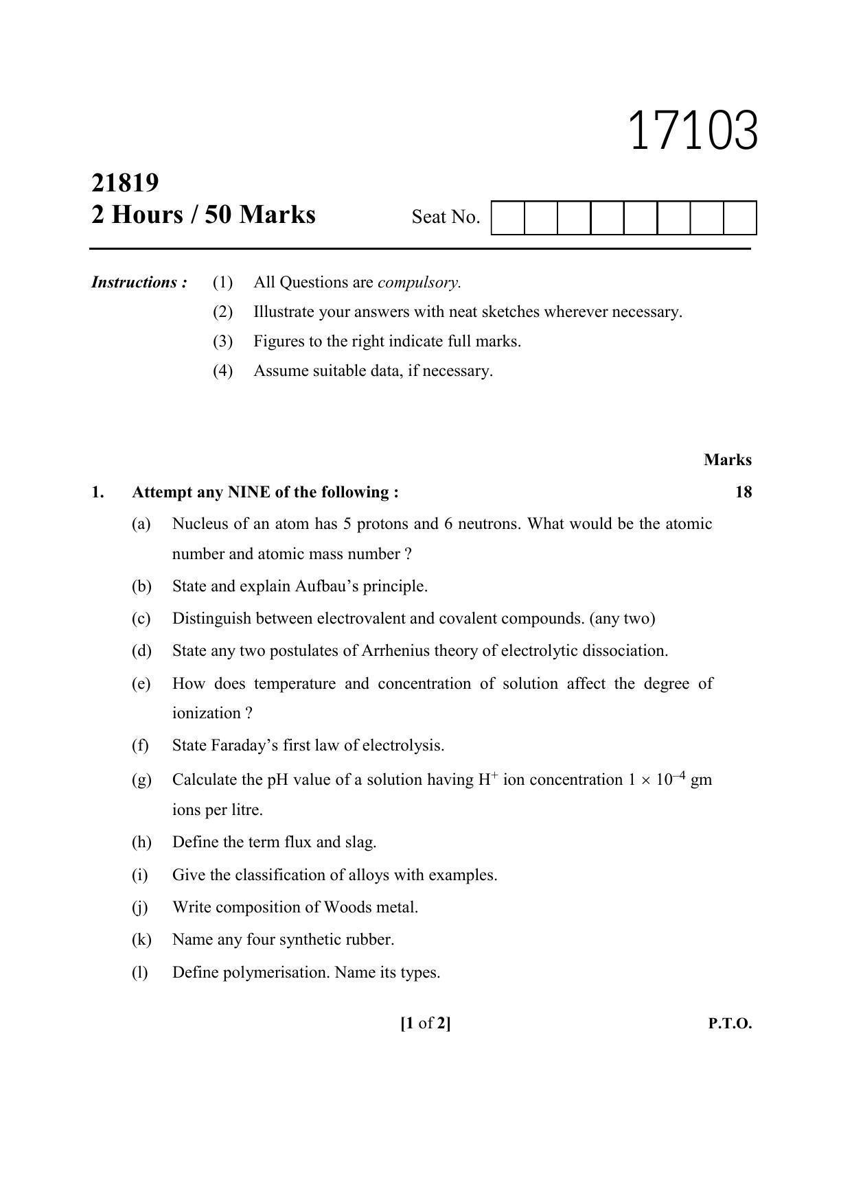 MSBTE Summer Question Paper 2019 - Basic Science - Chemistry - Page 1