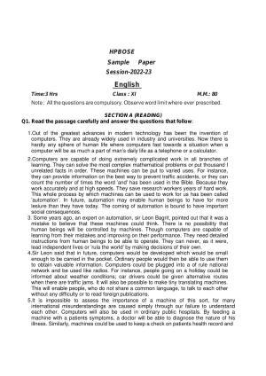 HP Board Class 11 English Model Paper
