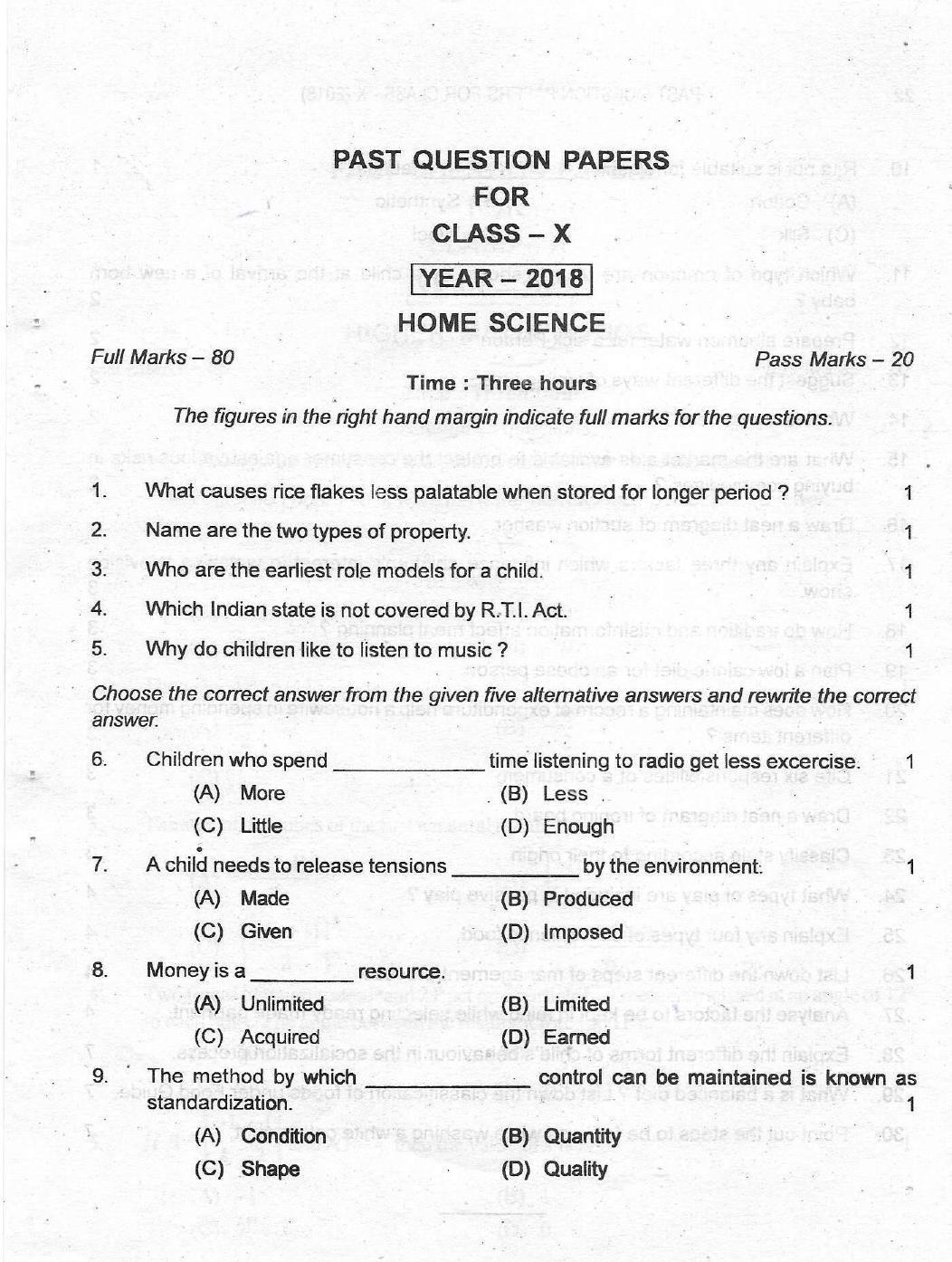 Manipur HSLC 2018 Home Science Question Paper - Page 1
