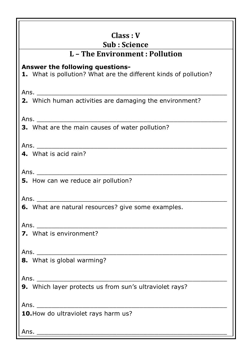 Worksheet for Class 5 Science The Environment Pollution Assignment - Page 2