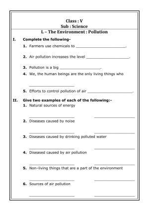 Worksheet for Class 5 Science The Environment Pollution Assignment