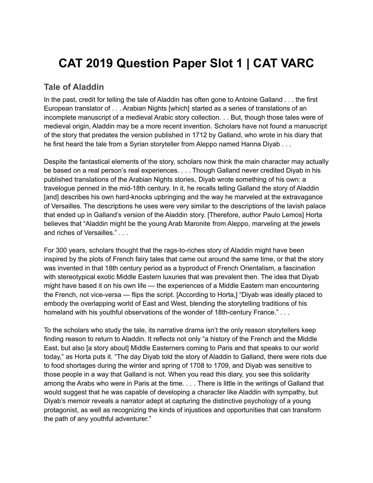 CAT 2019 CAT VARC Slot 1 Question Paper - Page 1