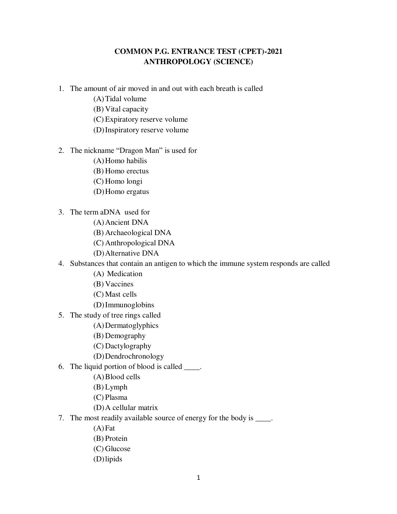 Odisha CPET 2021 ANTHROPOLOGY(SCIENCE) Question Paper - Page 1
