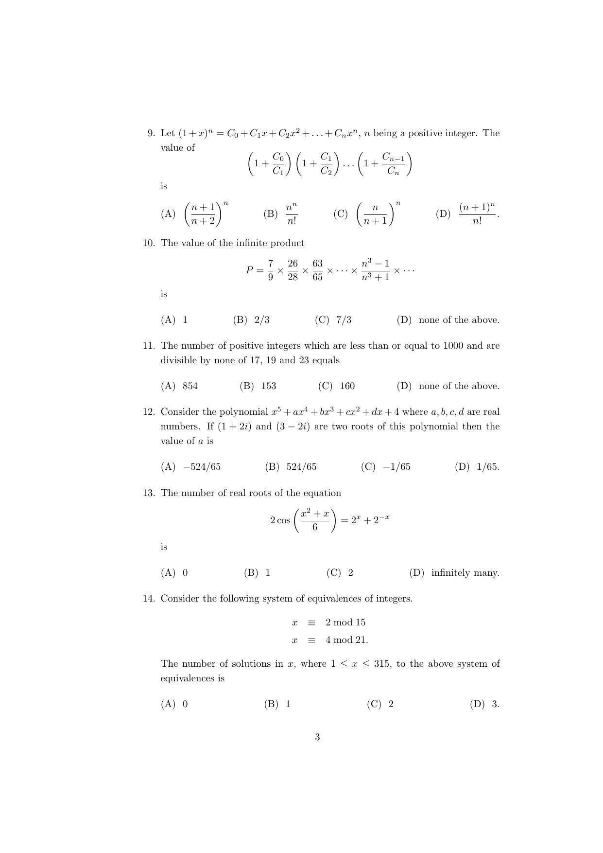 ISI Admission Test MMA (MCQ- Type) 2015 Sample Paper - Page 3