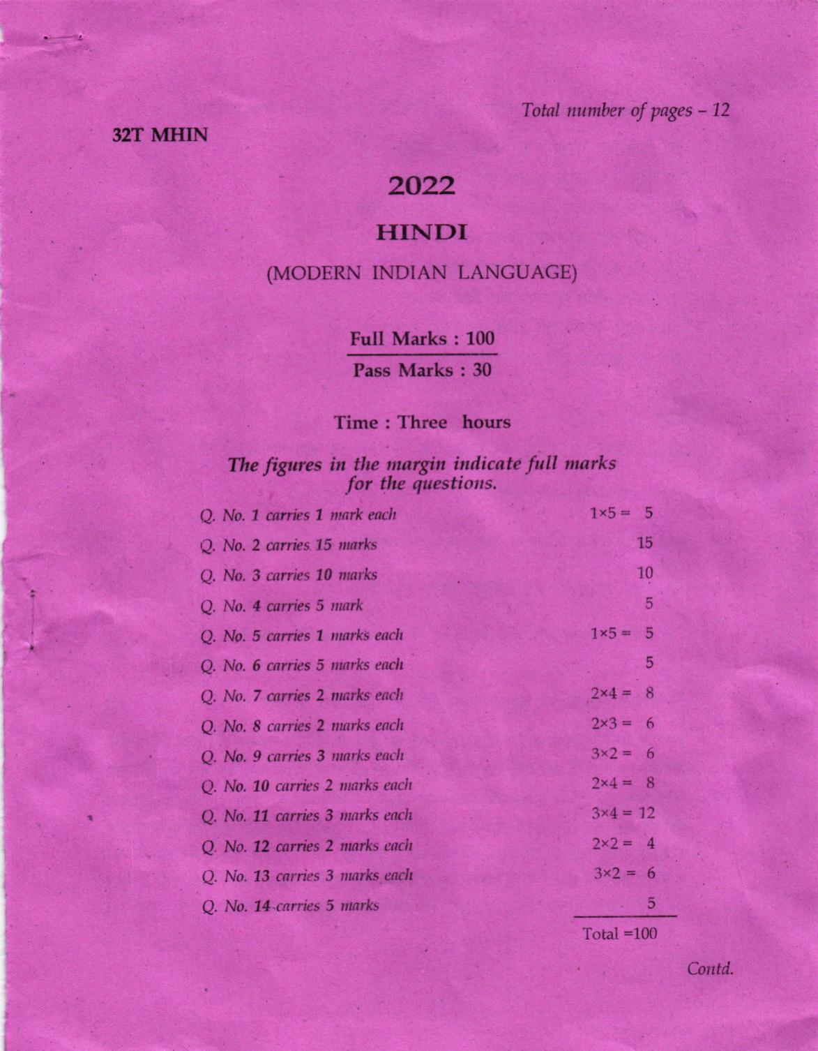 AHSEC Class 12 MIL HINDI Question Papers 2022 - Page 1