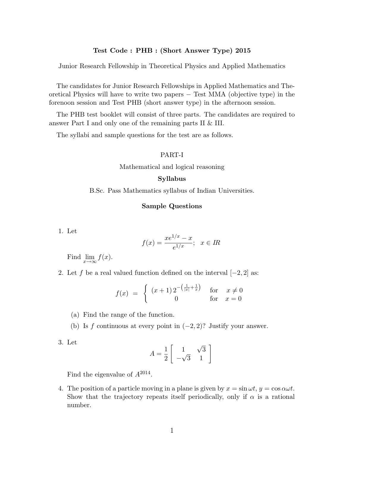 ISI Admission Test JRF in Physics and Applied Mathematics PHB 2015 Sample Paper - Page 1