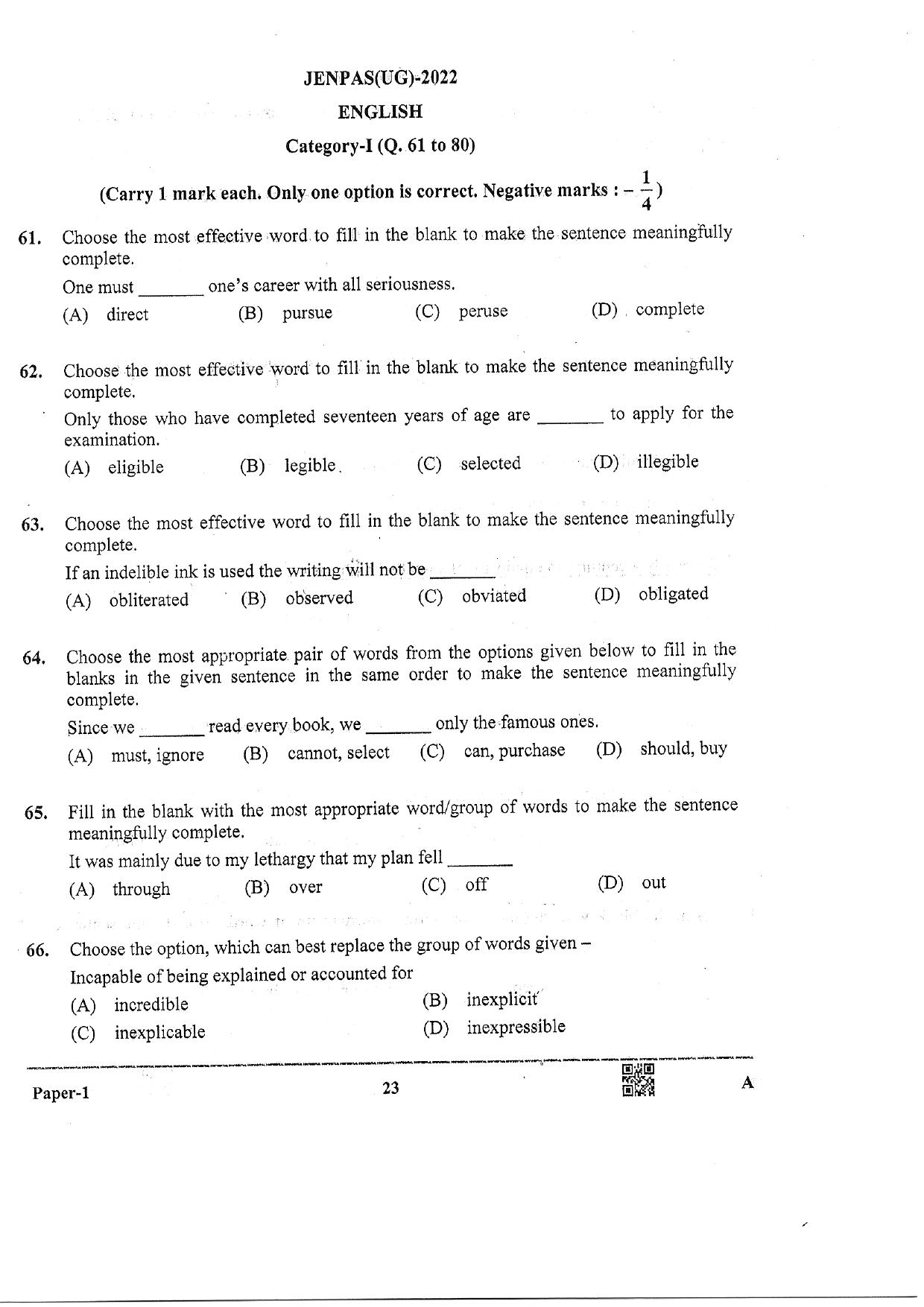 JENPAS (UG) 2022 Paper I (For all Courses Except BHA) Question Paper - Page 22