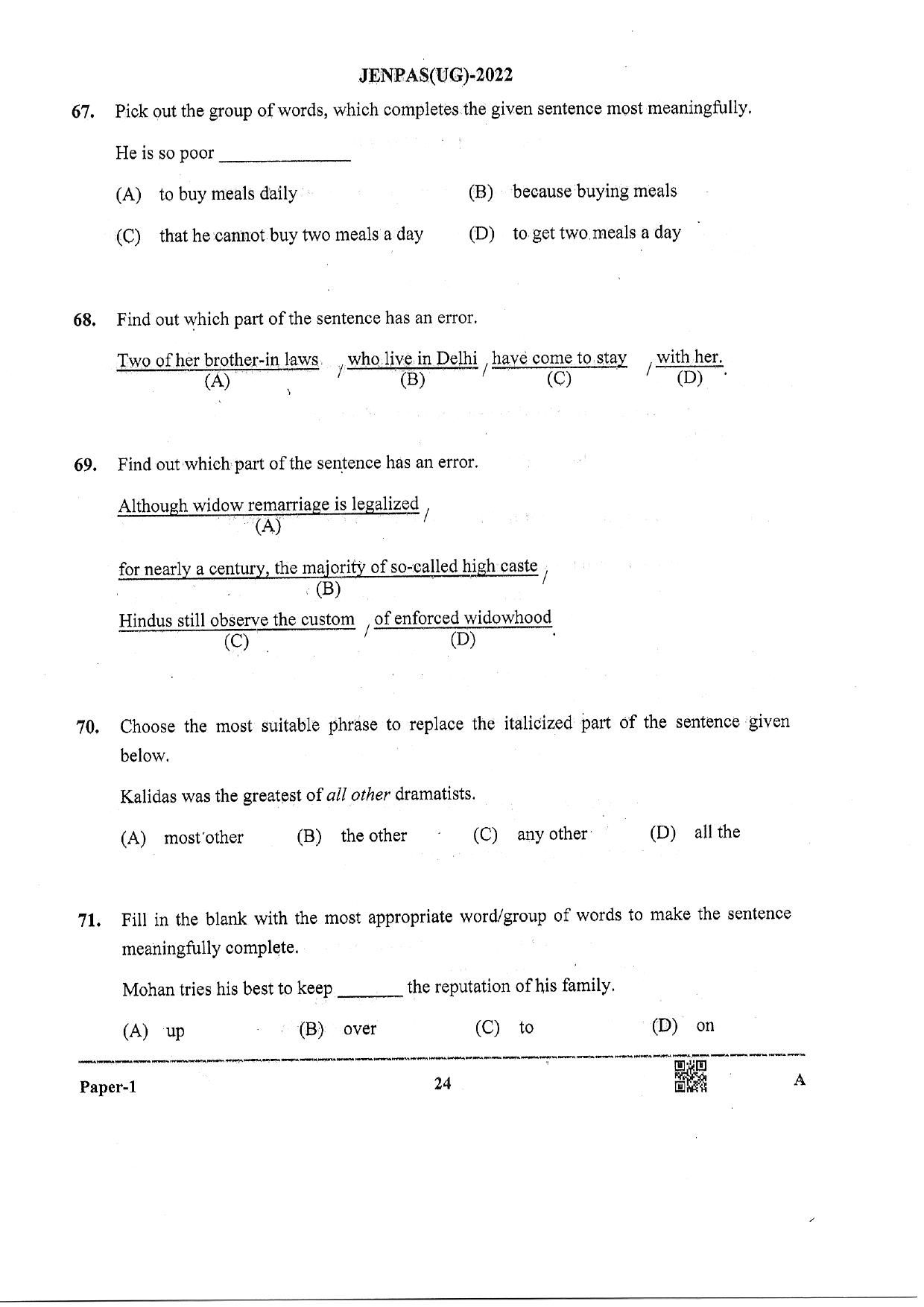 JENPAS (UG) 2022 Paper I (For all Courses Except BHA) Question Paper - Page 23